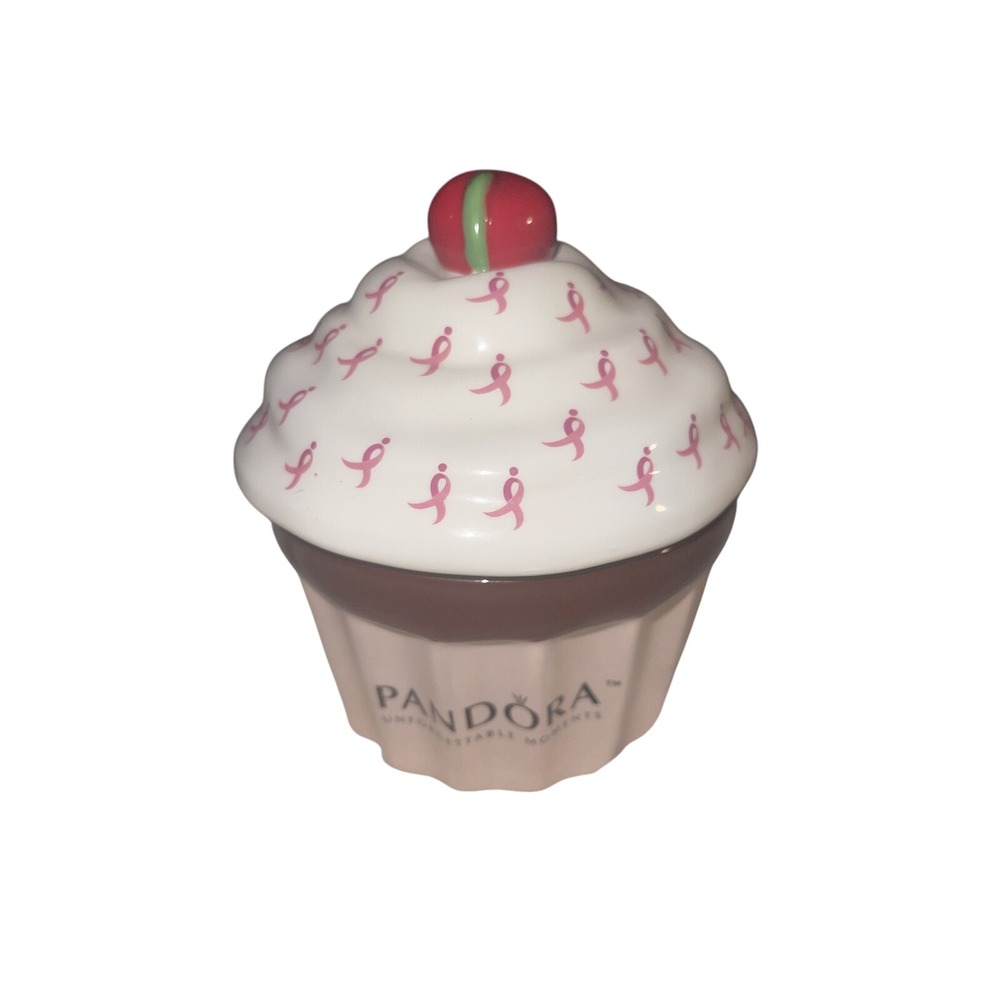 Pandora Cupcake Trinket Dish Pink Ribbon Breast‎ Cancer Awareness Cherry Topper